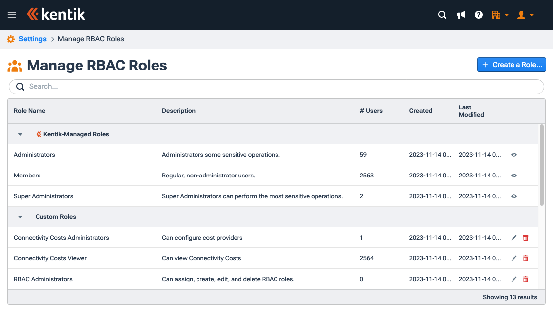 The settings page for RBAC enables you to manage both Kentik and Custom roles.