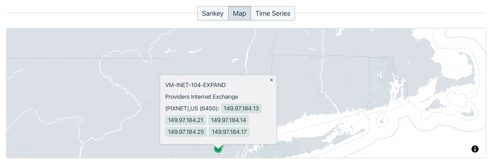 The Map subtab shows the geographic location of the agents involved in your tests.