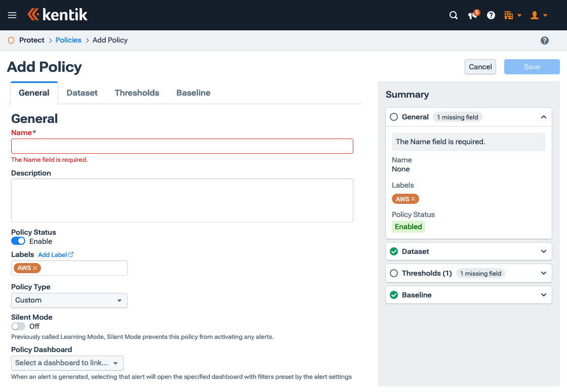 The settings page for a threshold policy.